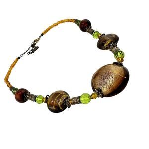 Amber Art Glass Foil Crystal Bead Chunky You And I 18" Fashion Necklace